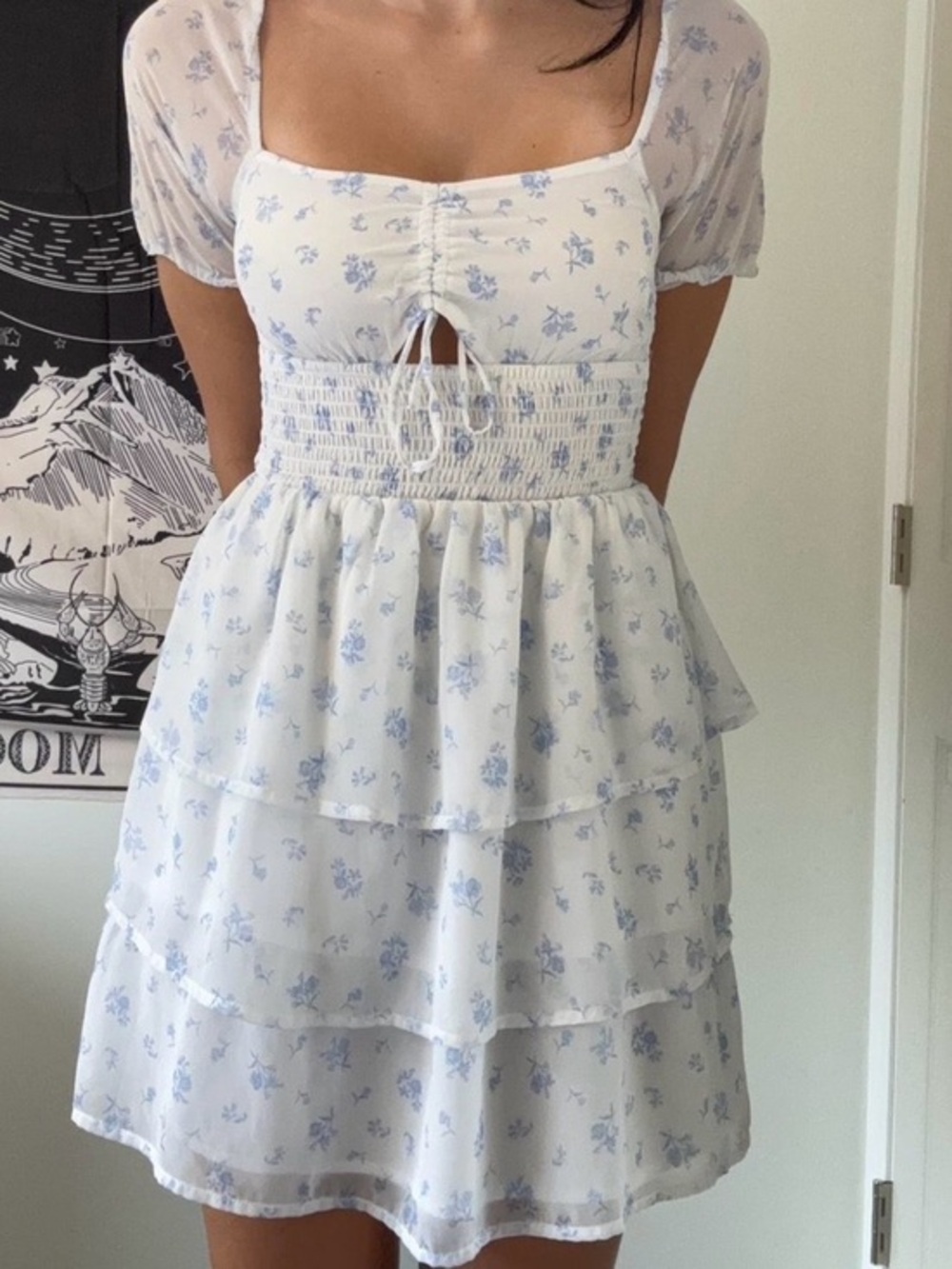 Hollister Blue Floral Smocked Tiered Mini Dress‎ Size S